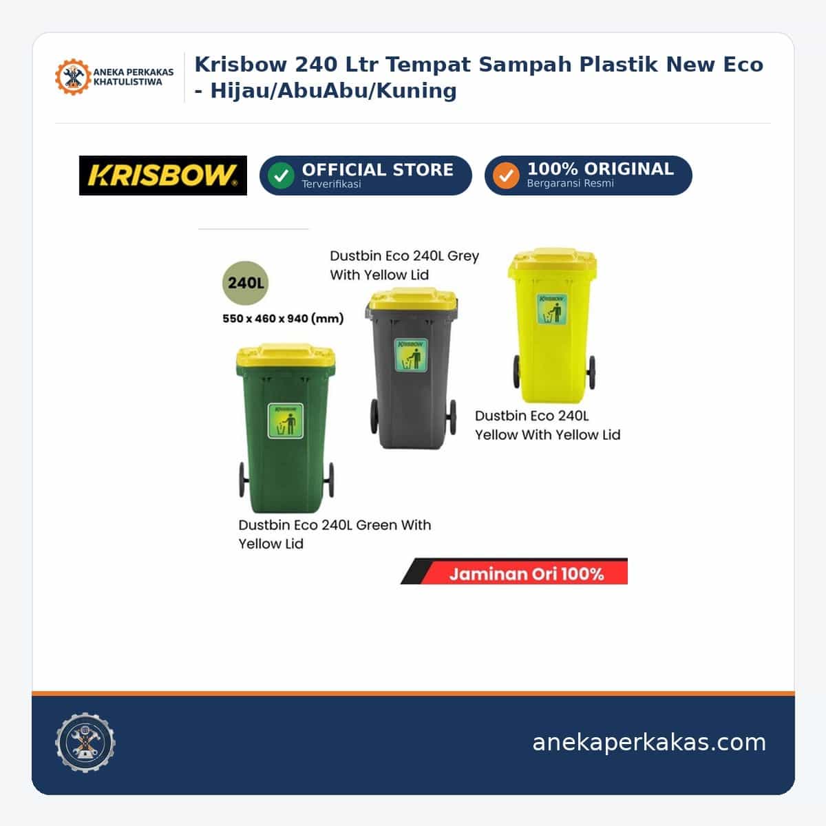 Krisbow 240 Ltr Tempat Sampah Plastik New Eco - Hijau/AbuAbu/Kuning β Manual