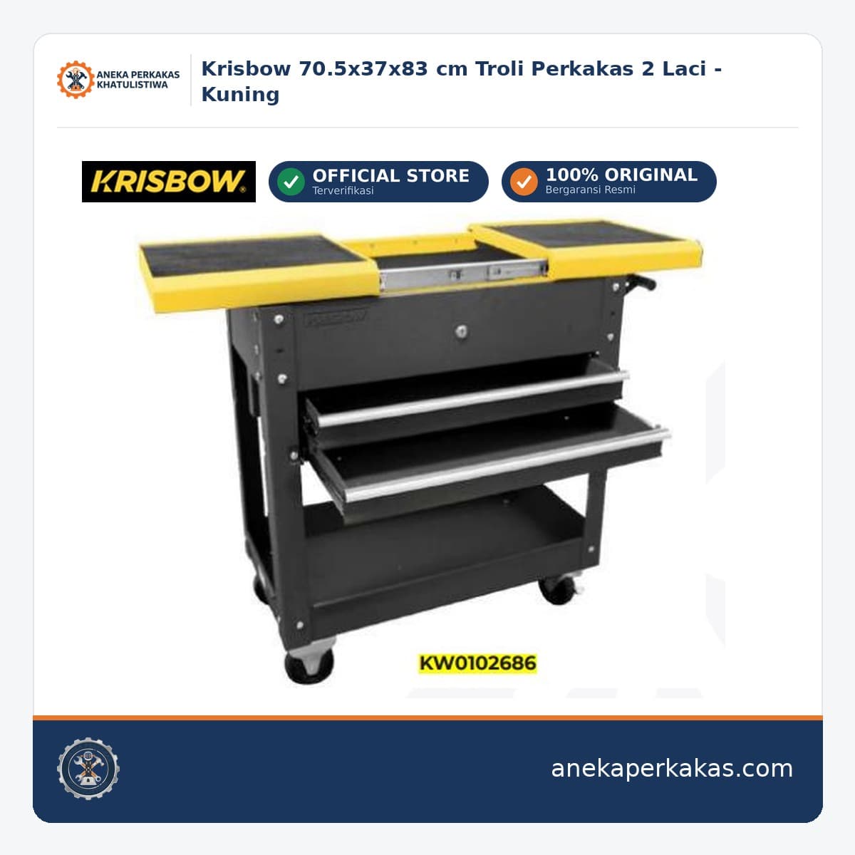 Krisbow 70.5x37x83 cm Troli Perkakas 2 Laci - Kuning