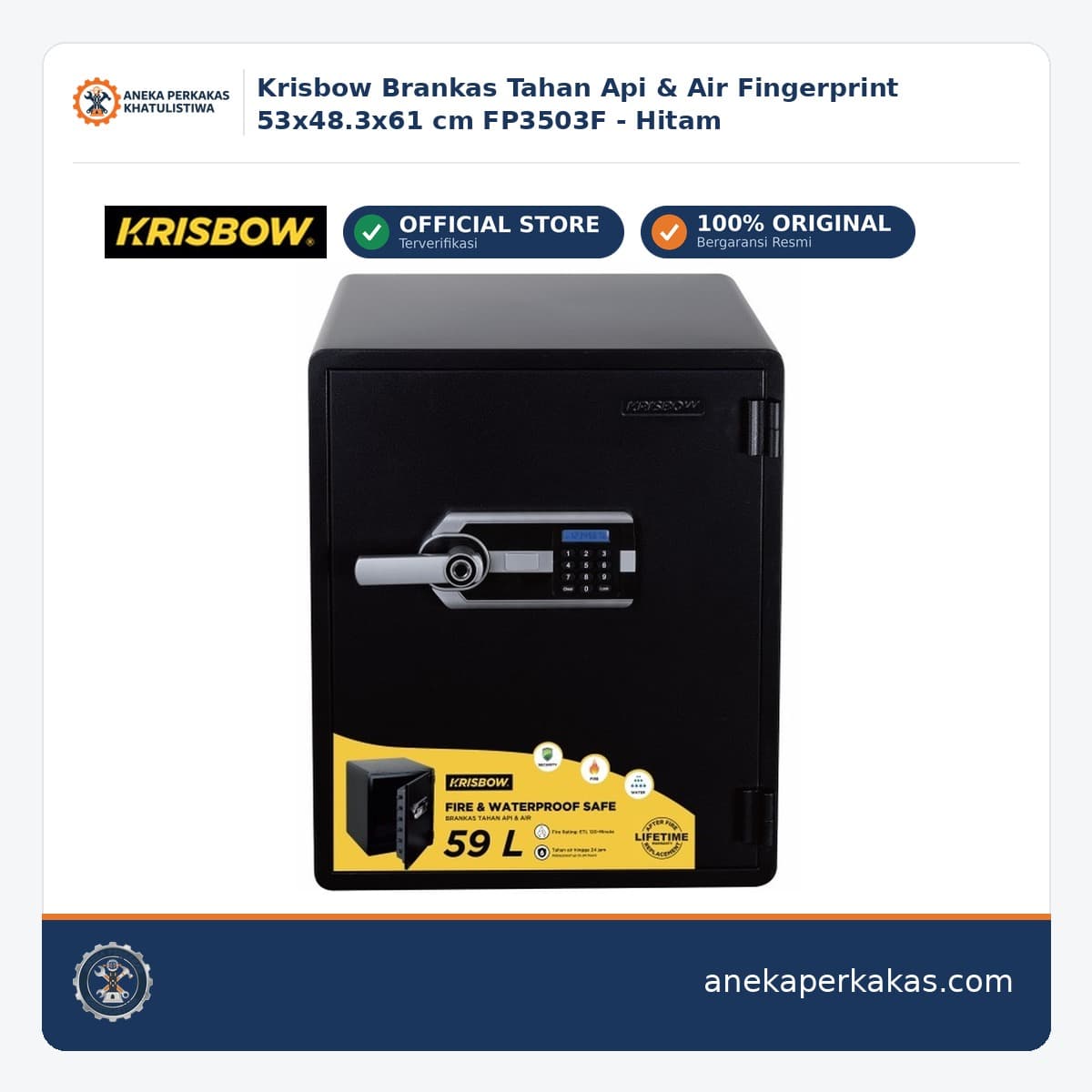 Krisbow Brankas Tahan Api & Air Fingerprint 53x48.3x61 cm FP3503F - Hitam