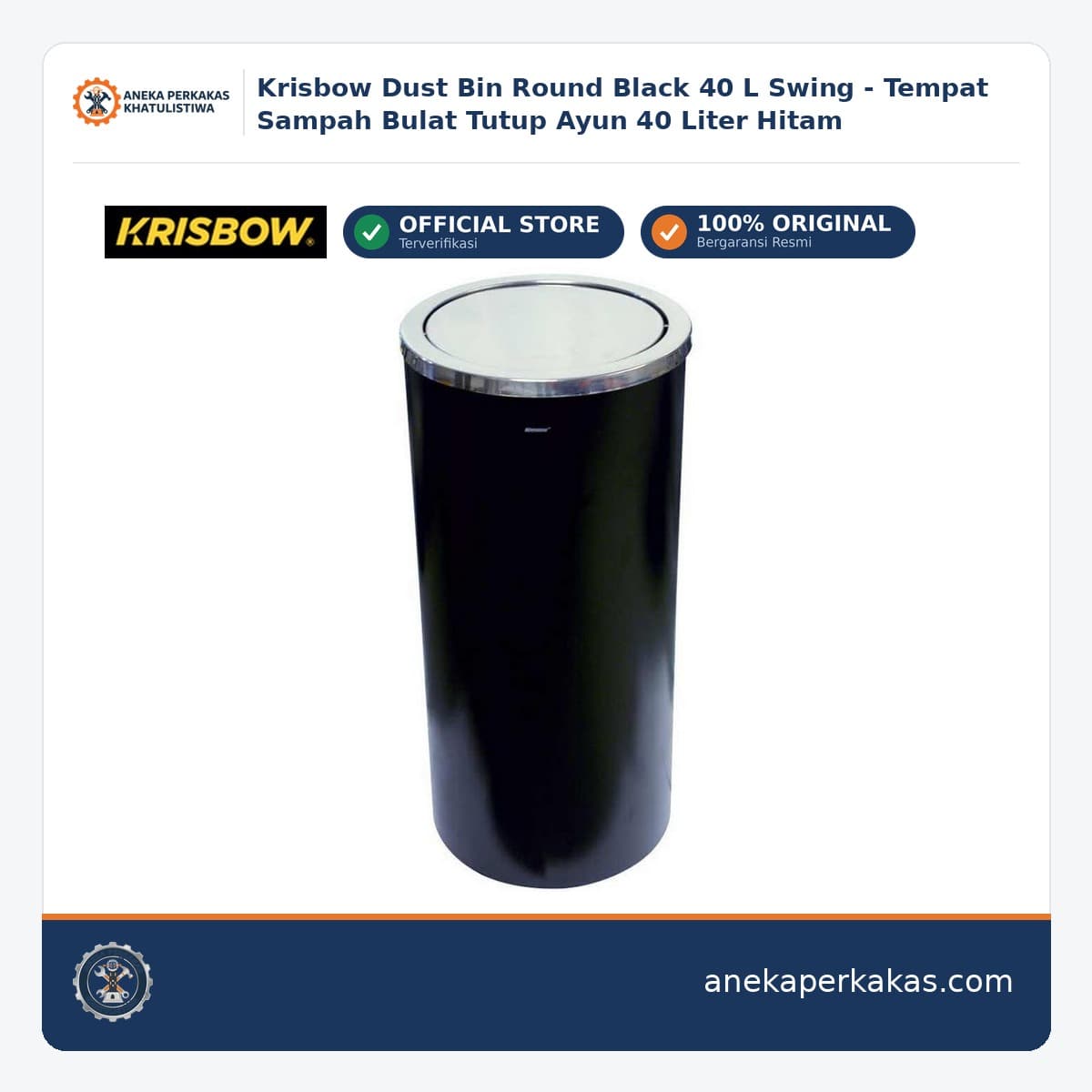 Krisbow Dust Bin Round Black 40 L Swing - Tempat Sampah Bulat Tutup Ayun 40 Liter Hitam