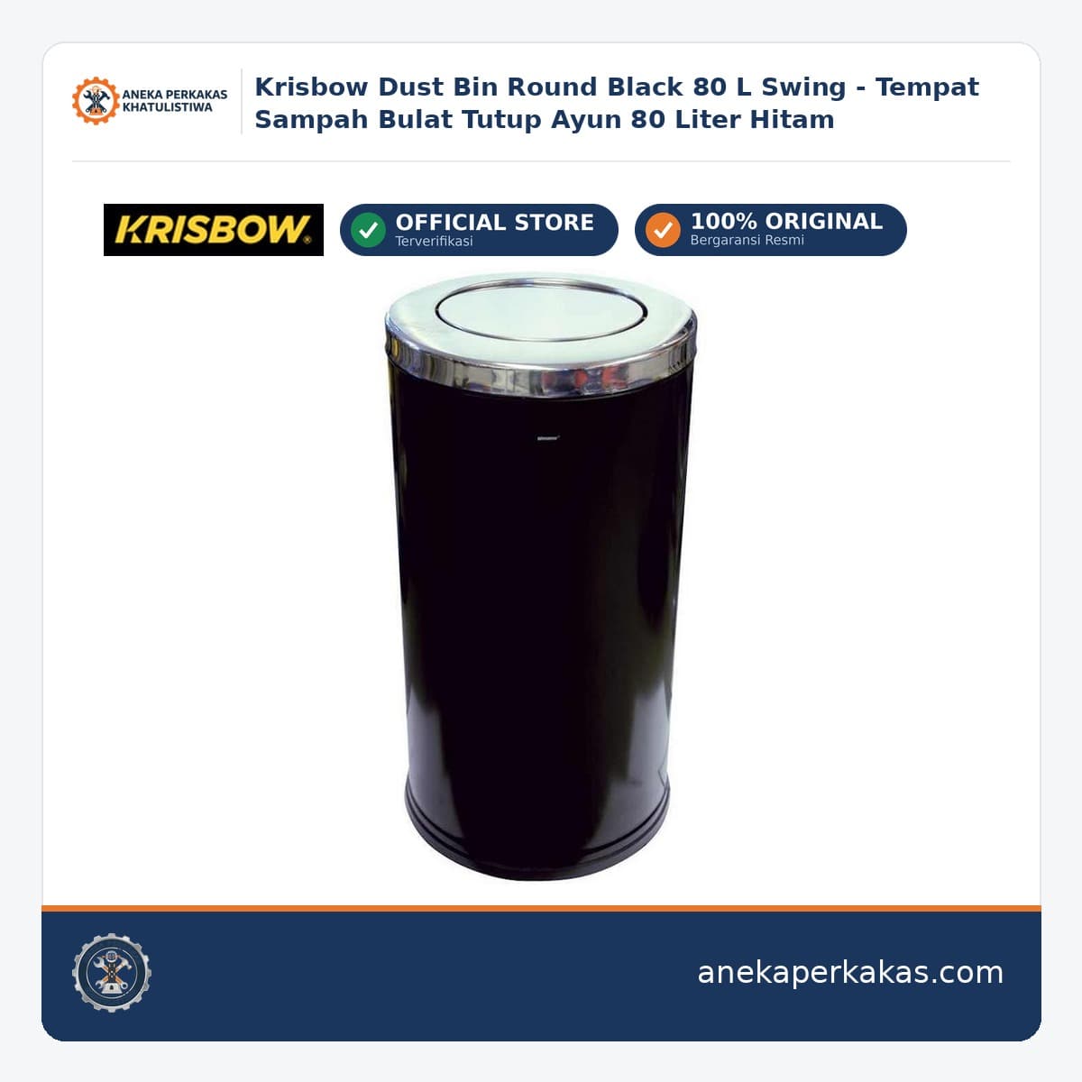 Krisbow Dust Bin Round Black 80 L Swing - Tempat Sampah Bulat Tutup Ayun 80 Liter Hitam