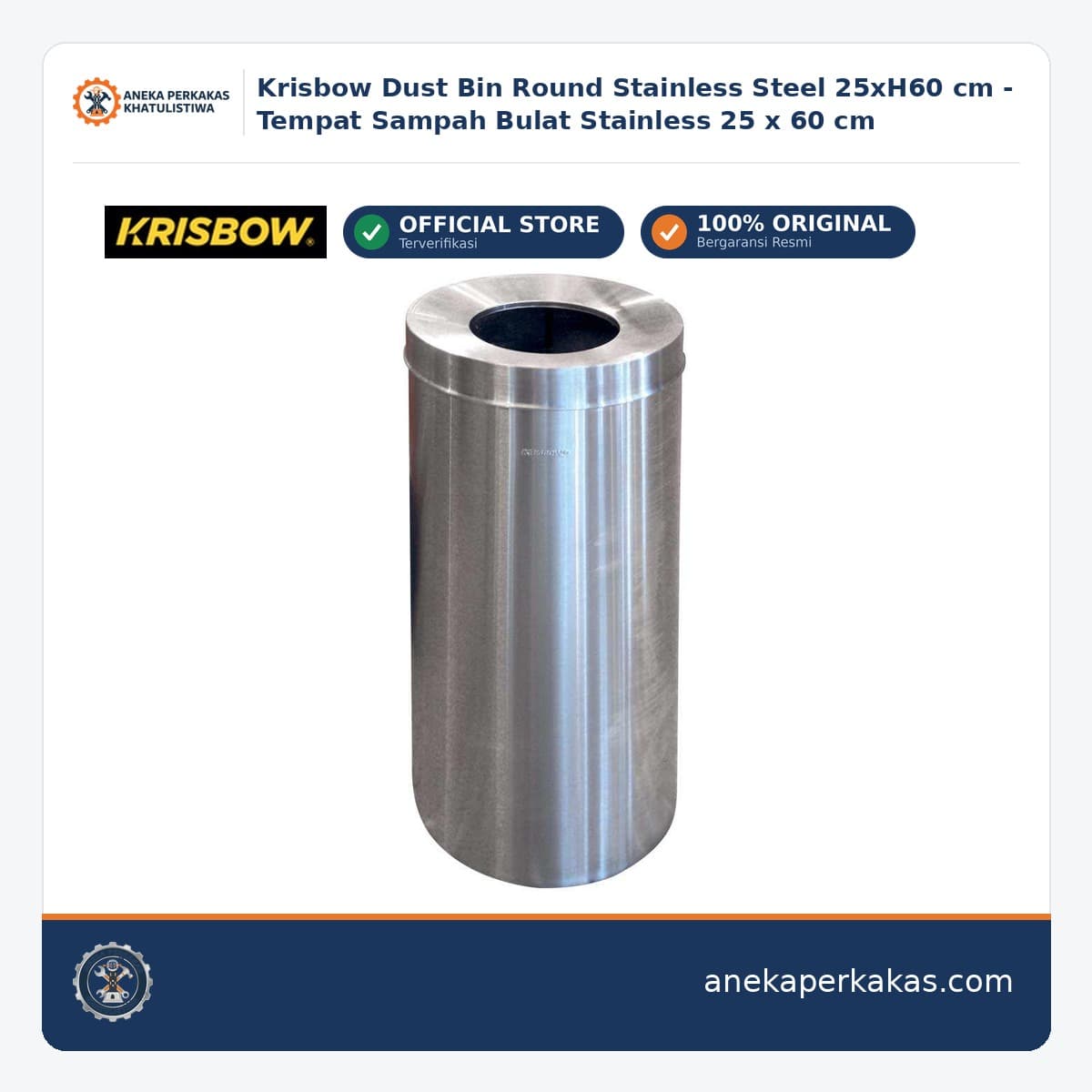 Krisbow Dust Bin Round Stainless Steel 25xH60 cm - Tempat Sampah Bulat Stainless 25 x 60 cm