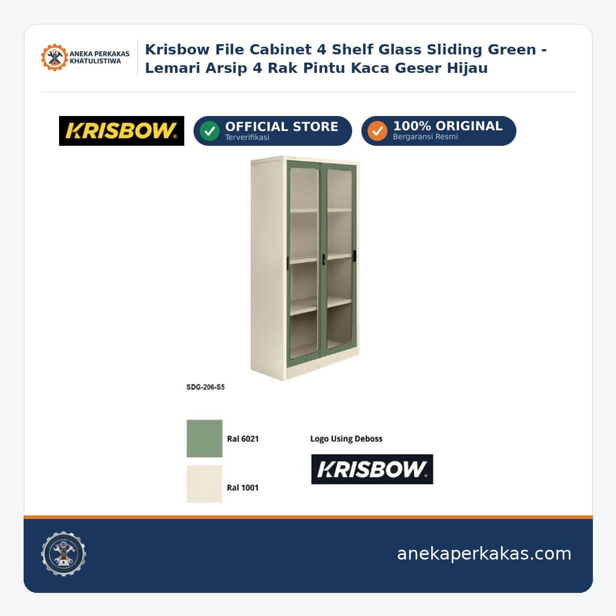 Krisbow File Cabinet 4 Shelf Glass Sliding Green - Lemari Arsip 4 Rak Pintu Kaca Geser Hijau