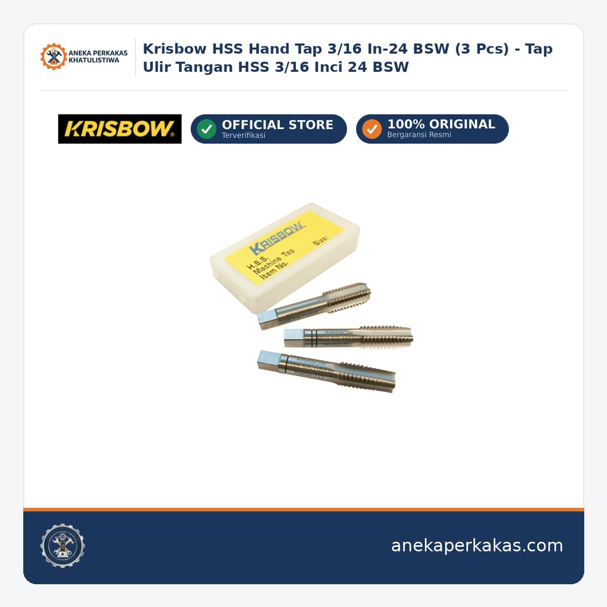 Krisbow HSS Hand Tap 3/16 In-24 BSW (3 Pcs) - Tap Ulir Tangan HSS 3/16 Inci 24 BSW