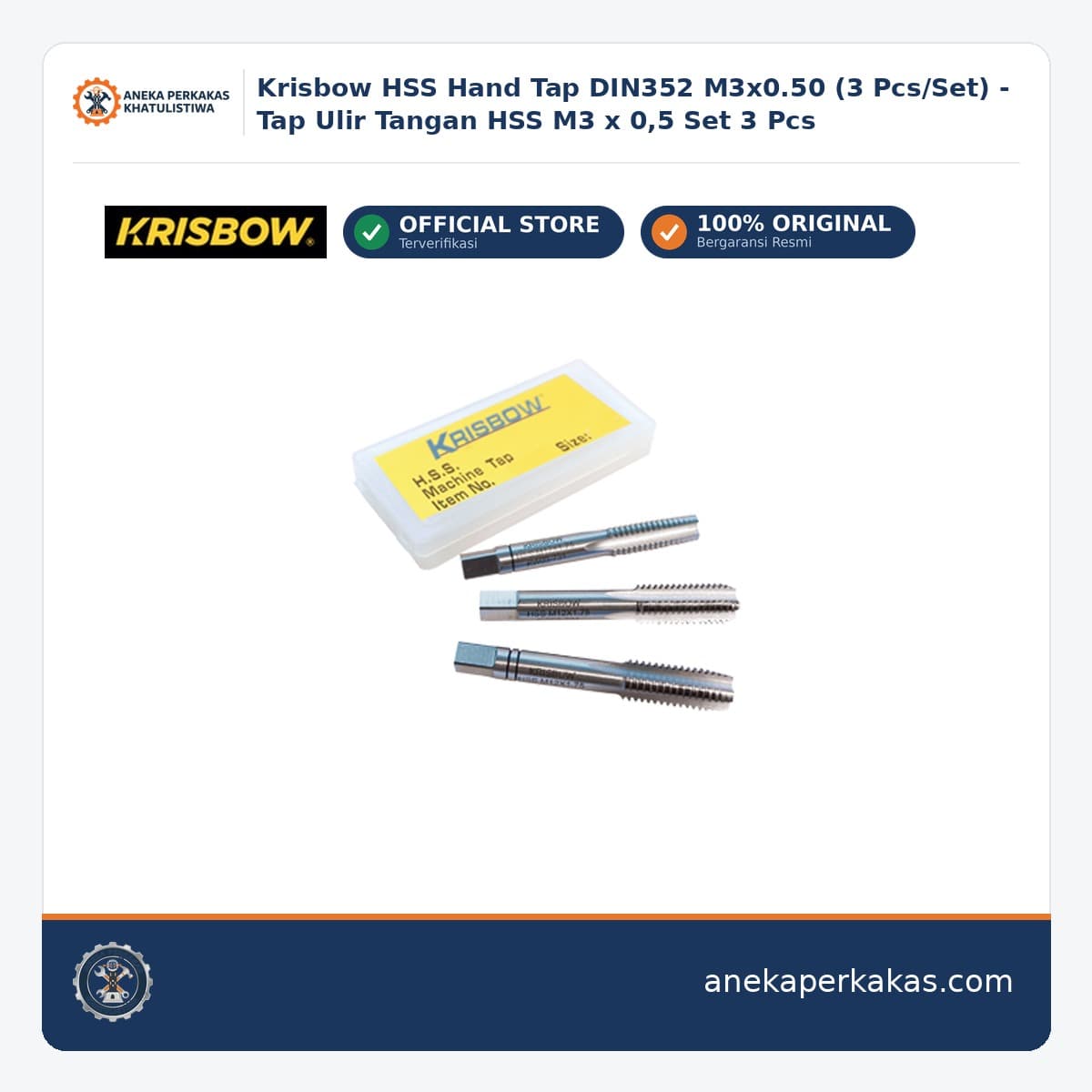 Krisbow HSS Hand Tap DIN352 M3x0.50 (3 Pcs/Set) - Tap Ulir Tangan HSS M3 x 0,5 Set 3 Pcs
