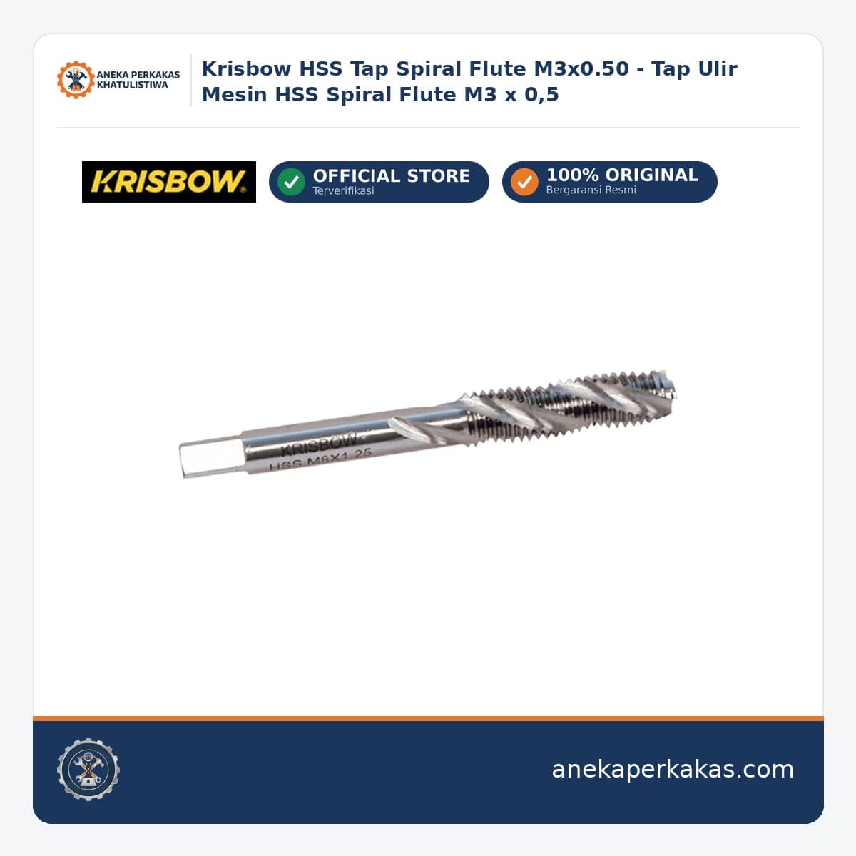 Krisbow HSS Tap Spiral Flute M3x0.50 - Tap Ulir Mesin HSS Spiral Flute M3 x 0,5