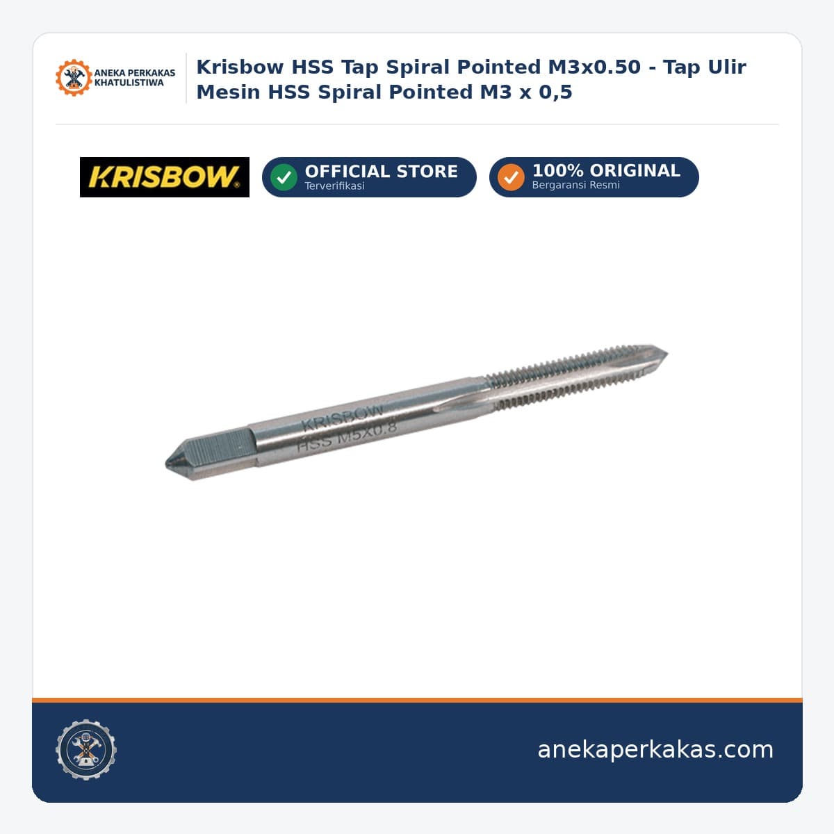 Krisbow HSS Tap Spiral Pointed M3x0.50 - Tap Ulir Mesin HSS Spiral Pointed M3 x 0,5