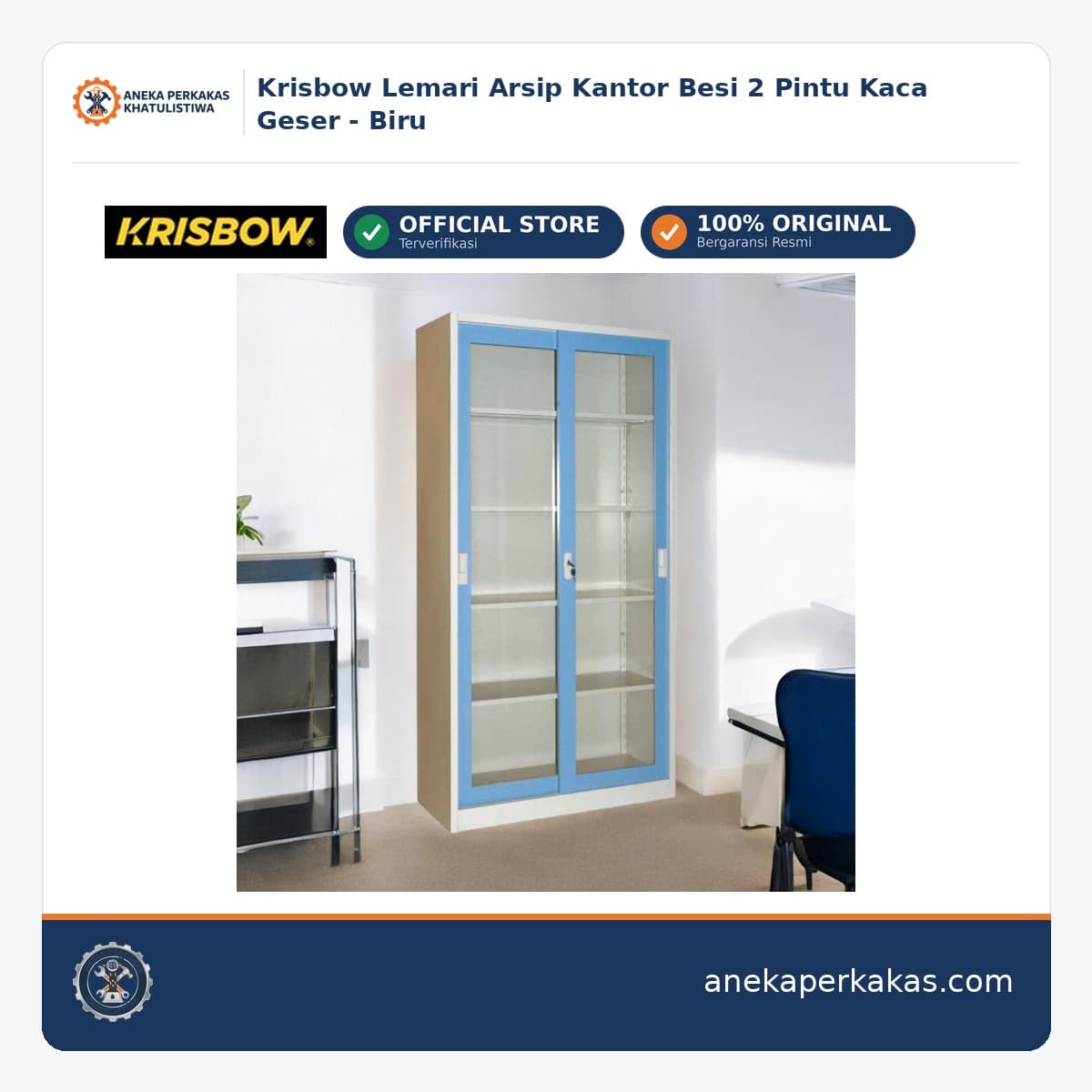 Krisbow Lemari Arsip Kantor Besi 2 Pintu Kaca Geser - Biru