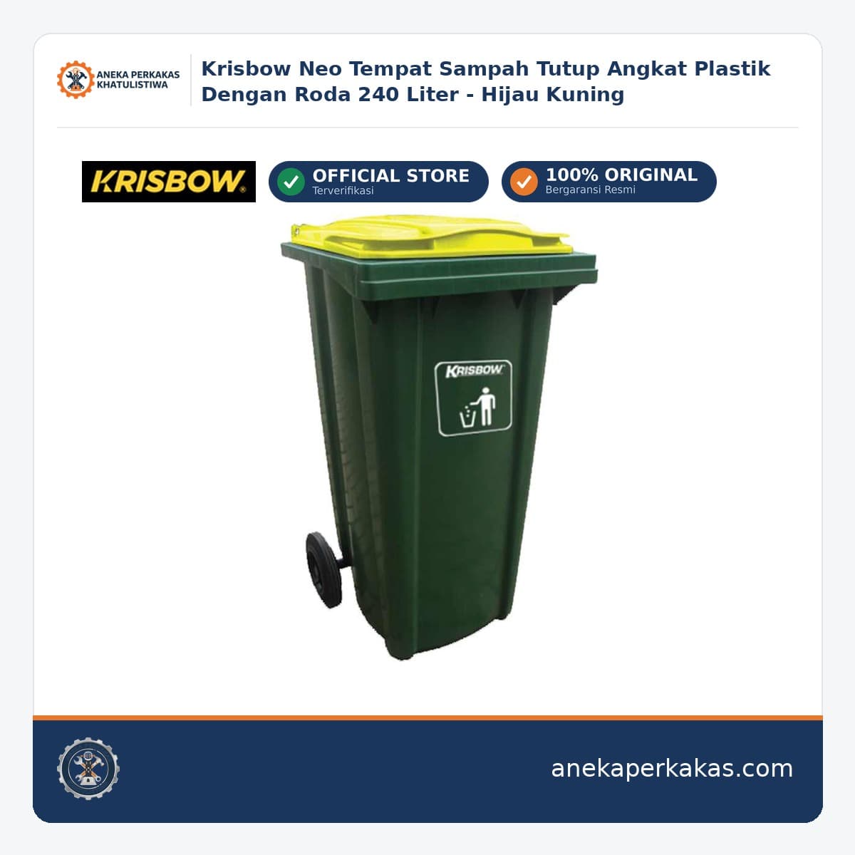 Krisbow Neo Tempat Sampah Tutup Angkat Plastik Dengan Roda 240 Liter - Hijau Kuning