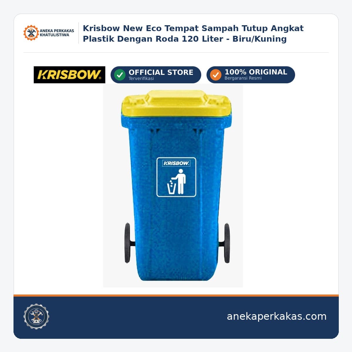 Krisbow New Eco Tempat Sampah Tutup Angkat Plastik Dengan Roda 120 Liter - Biru/Kuning