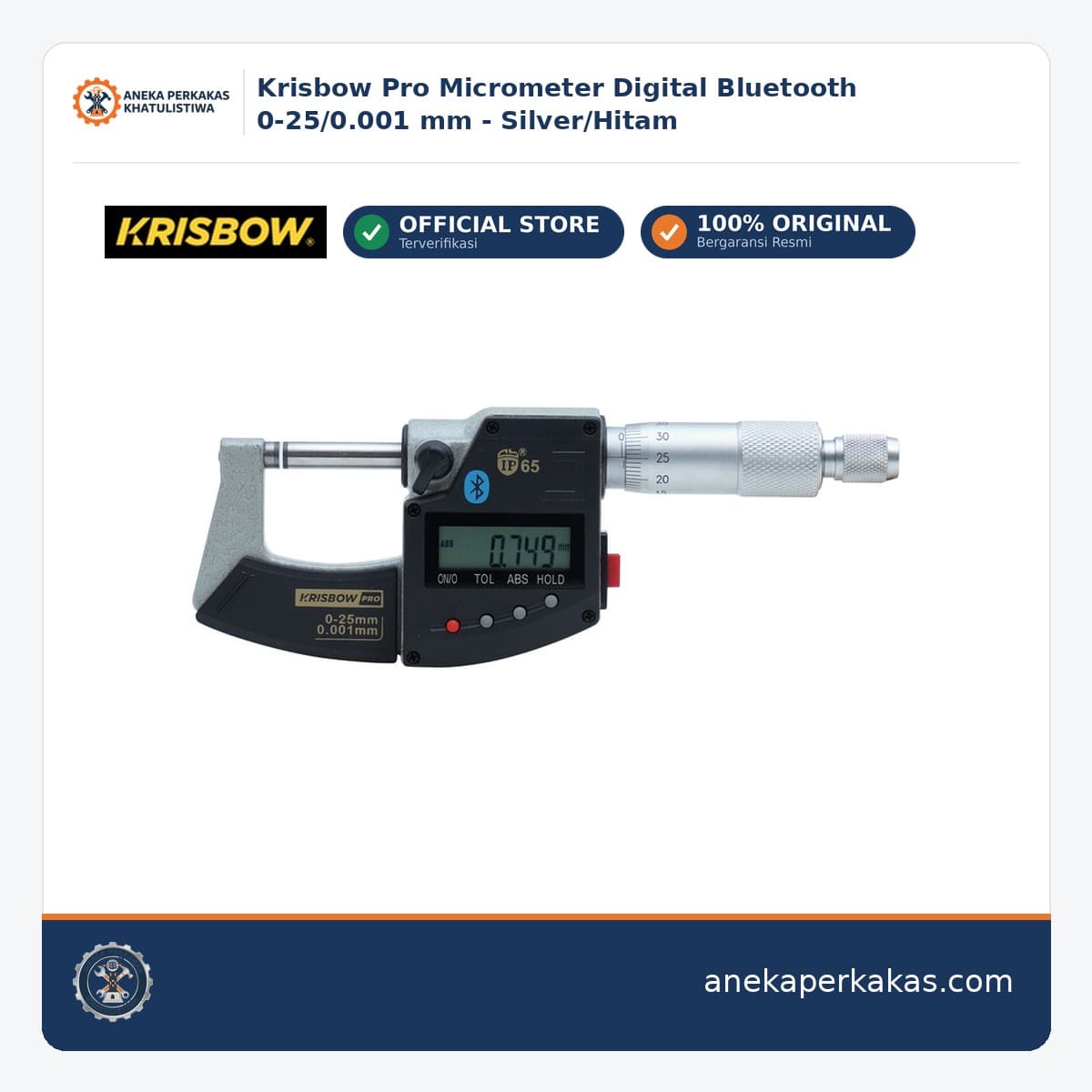 Krisbow Pro Micrometer Digital Bluetooth 0-25/0.001 mm - Silver/Hitam