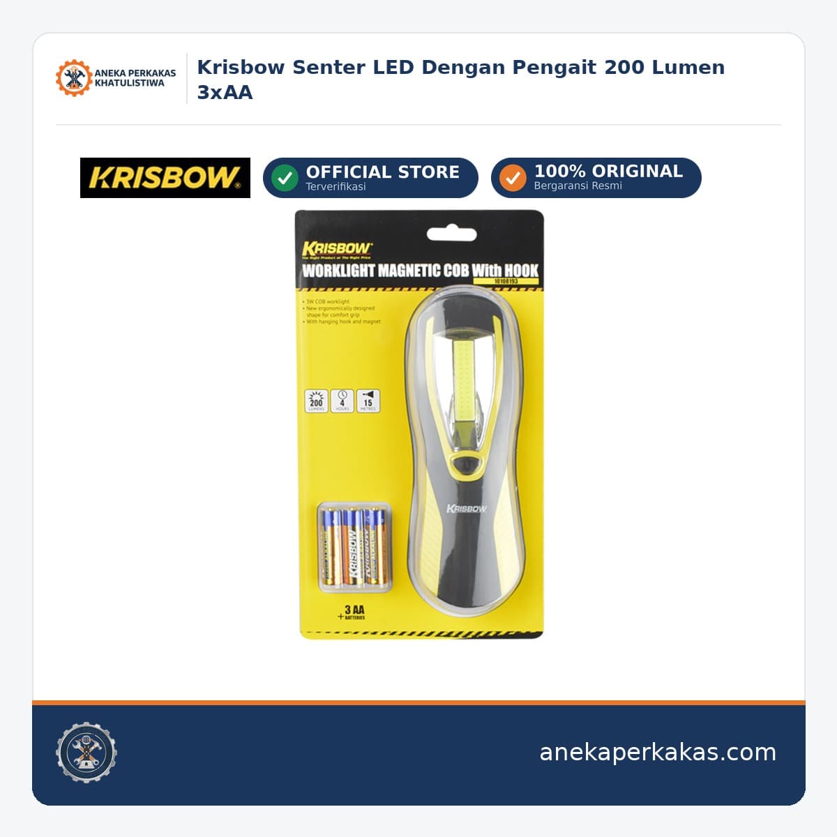 Krisbow Senter LED Dengan Pengait 200 Lumen 3xAA