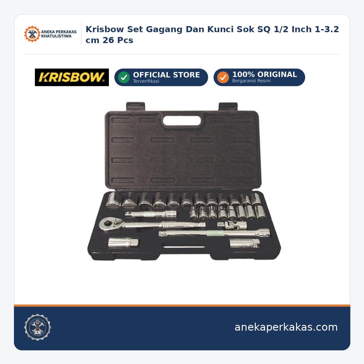 Krisbow Set Gagang Dan Kunci Sok SQ 1/2 Inch 1-3.2 cm 26 Pcs