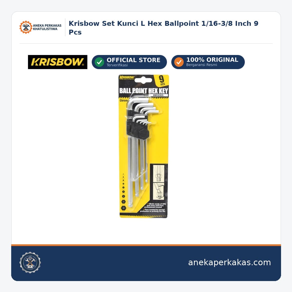 Krisbow Set Kunci L Hex Ballpoint 1/16-3/8 Inch 9 Pcs