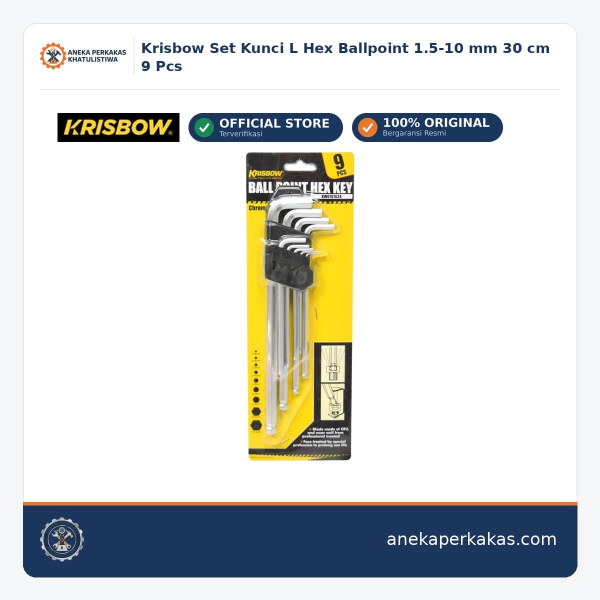 Krisbow Set Kunci L Hex Ballpoint 1.5-10 mm 30 cm 9 Pcs