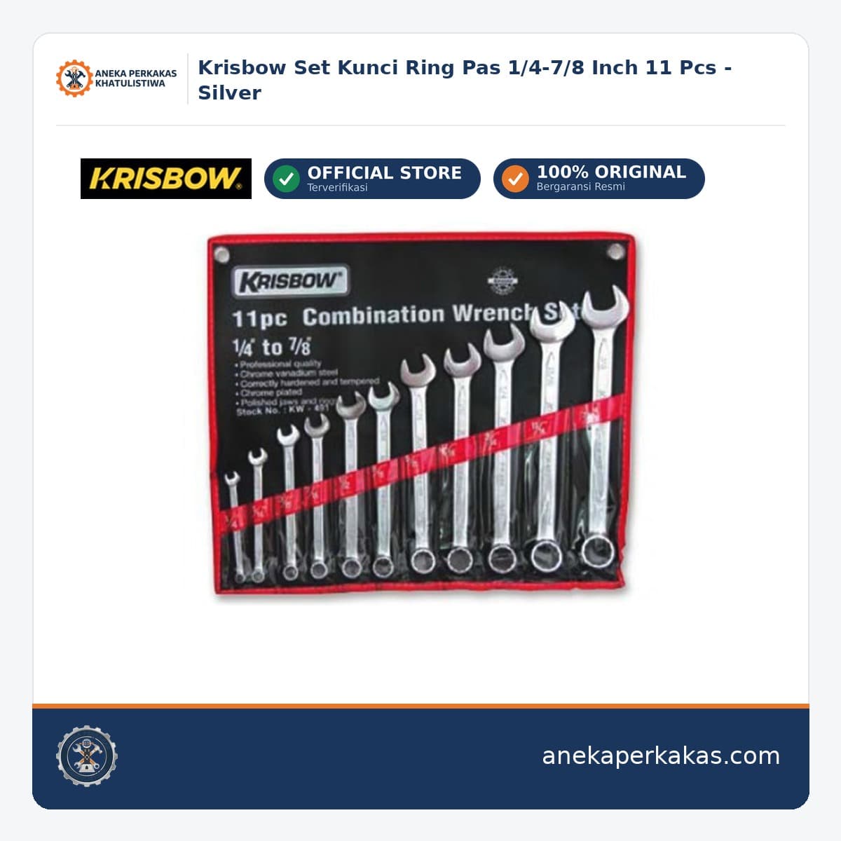 Krisbow Set Kunci Ring Pas 1/4-7/8 Inch 11 Pcs - Silver