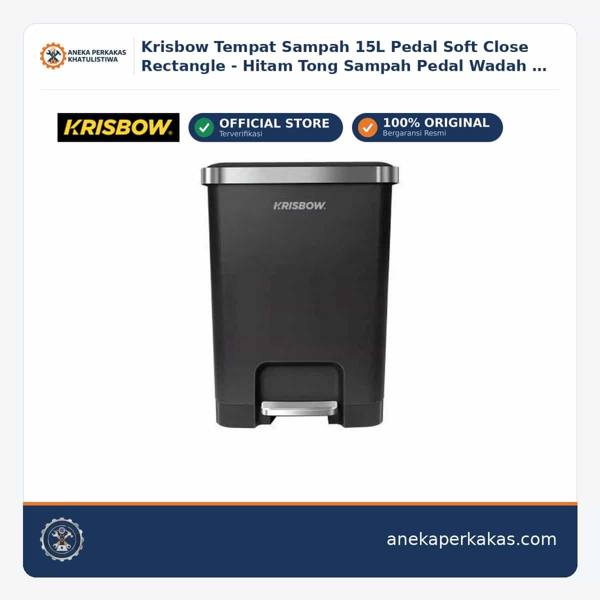 Krisbow Tempat Sampah 15L Pedal Soft Close Rectangle - Hitam Tong Sampah Pedal Wadah Pembuangan Alat Kebersihan Indoor Trash