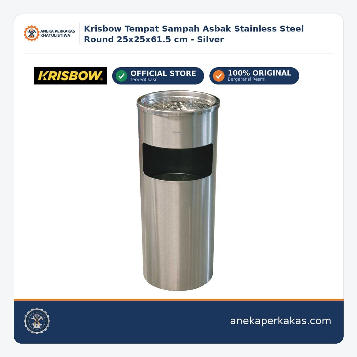 Krisbow Tempat Sampah Asbak Stainless Steel Round 25x25x61.5 cm - Silver
