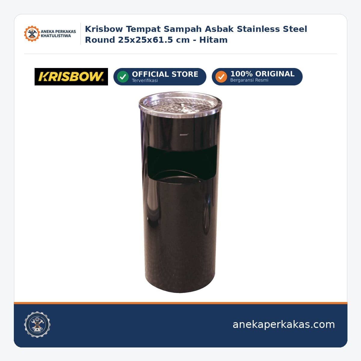 Krisbow Tempat Sampah Asbak Stainless Steel Round 25x25x61.5 cm - Hitam