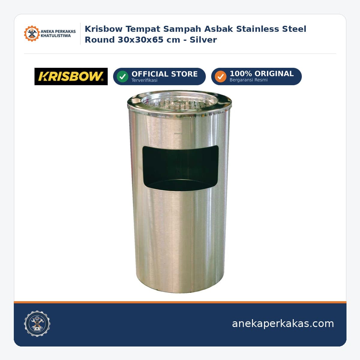 Krisbow Tempat Sampah Asbak Stainless Steel Round 30x30x65 cm - Silver