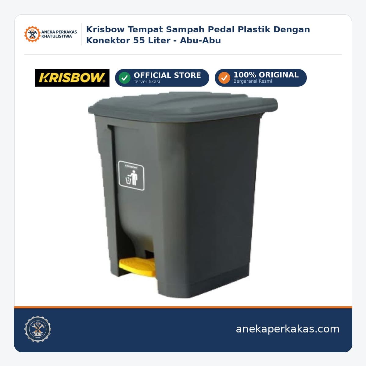 Krisbow Tempat Sampah Pedal Plastik Dengan Konektor 55 Liter - Abu-Abu