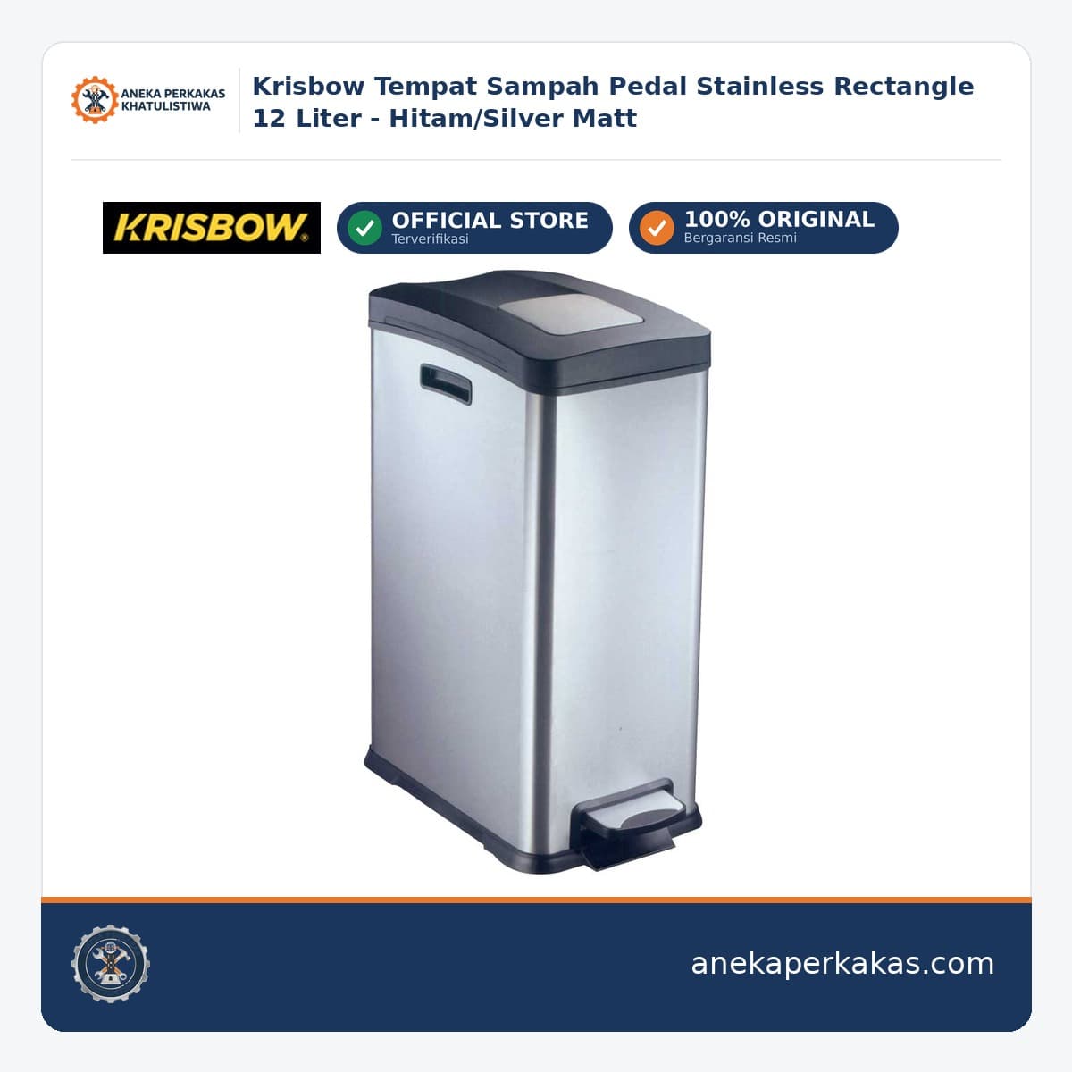 Krisbow Tempat Sampah Pedal Stainless Rectangle 12 Liter - Hitam/Silver Matt