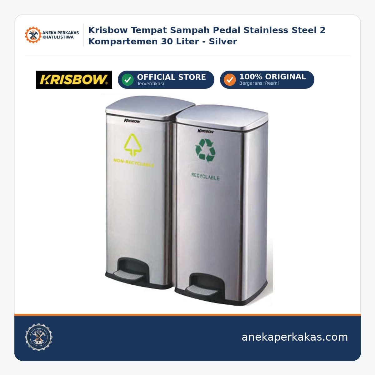 Krisbow Tempat Sampah Pedal Stainless Steel 2 Kompartemen 30 Liter - Silver