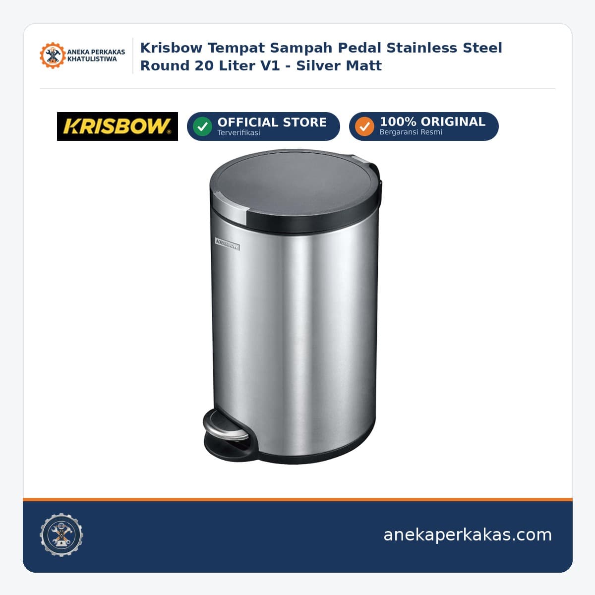 Krisbow Tempat Sampah Pedal Stainless Steel Round 20 Liter V1 - Silver Matt