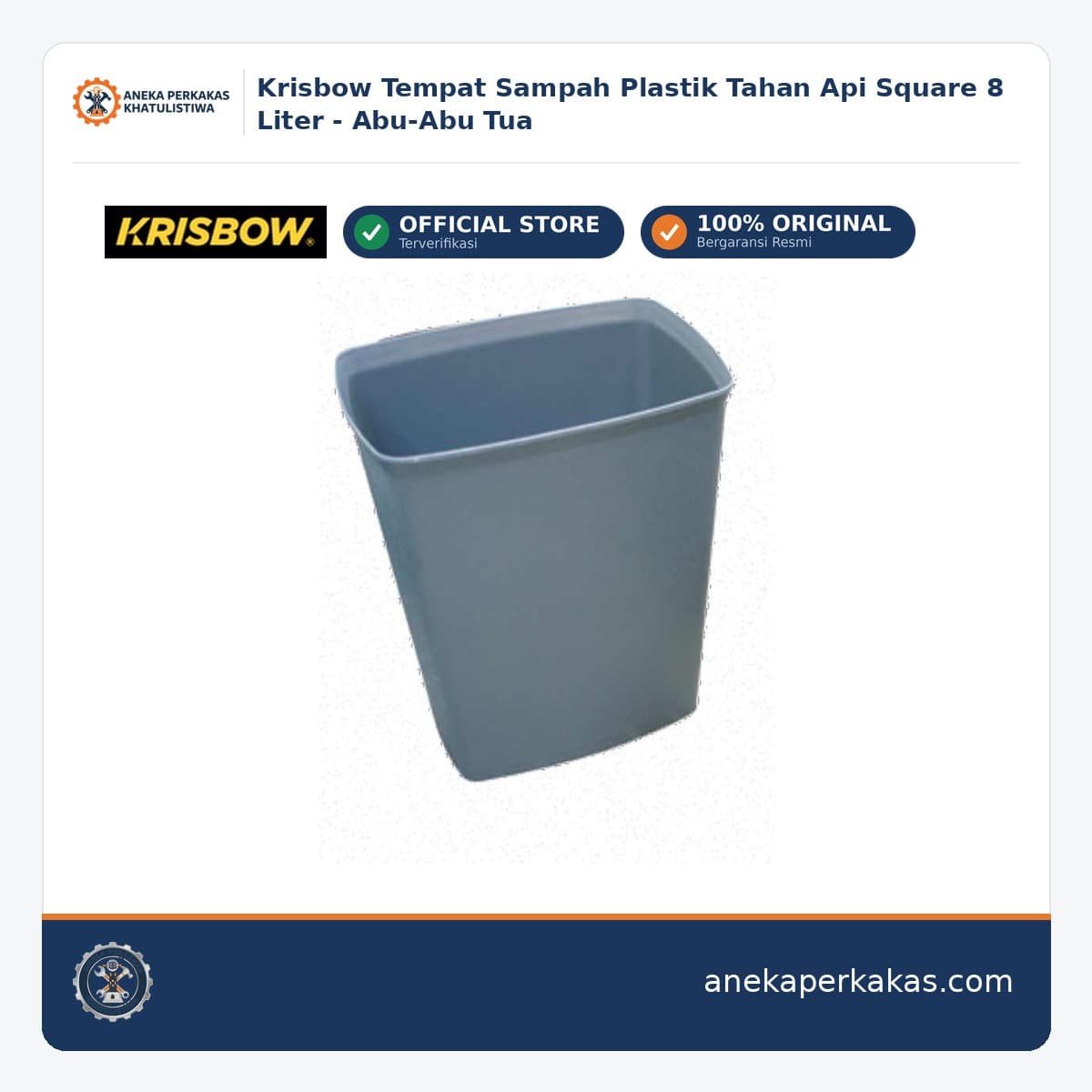 Krisbow Tempat Sampah Plastik Tahan Api Square 8 Liter - Abu-Abu Tua