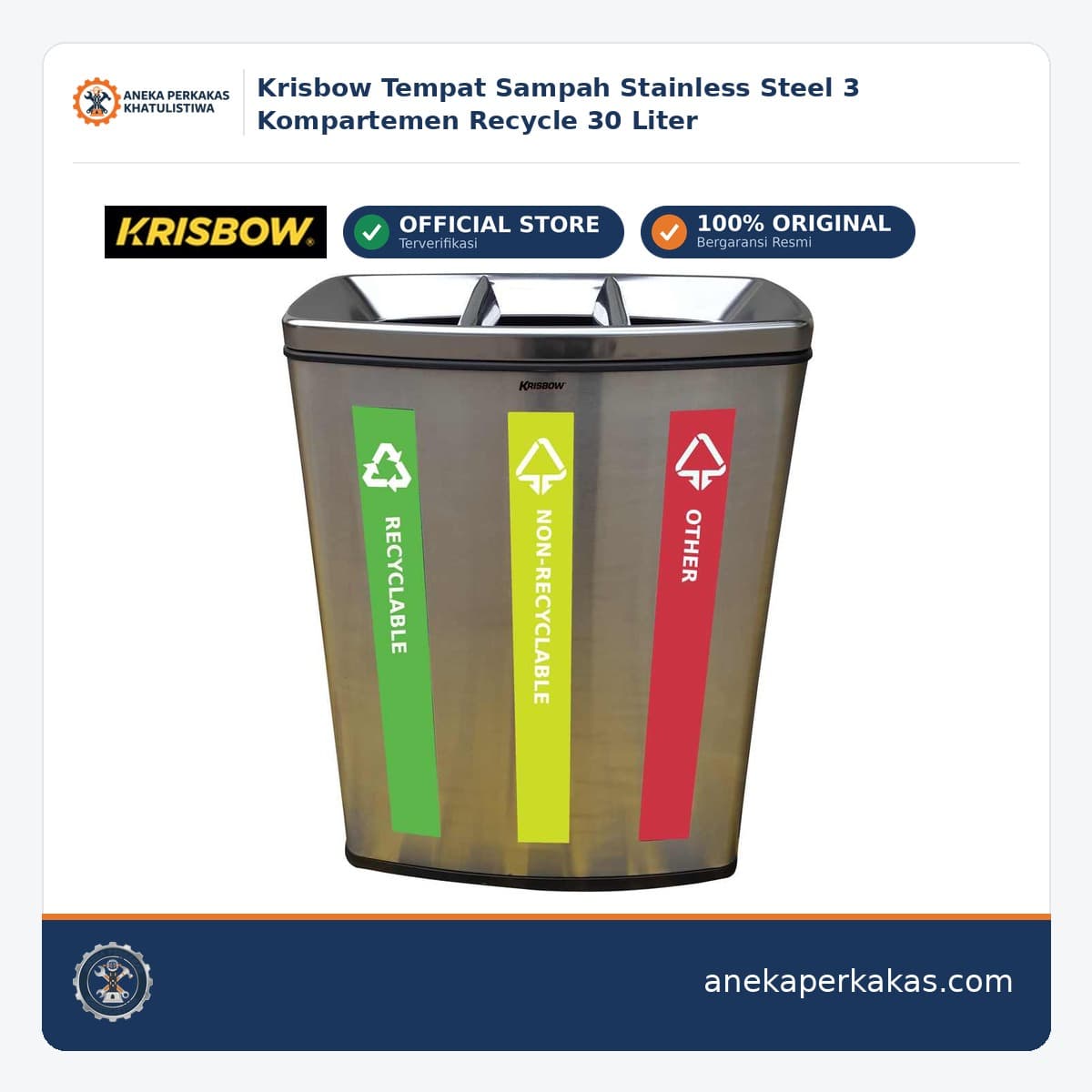 Krisbow Tempat Sampah Stainless Steel 3 Kompartemen Recycle 30 Liter