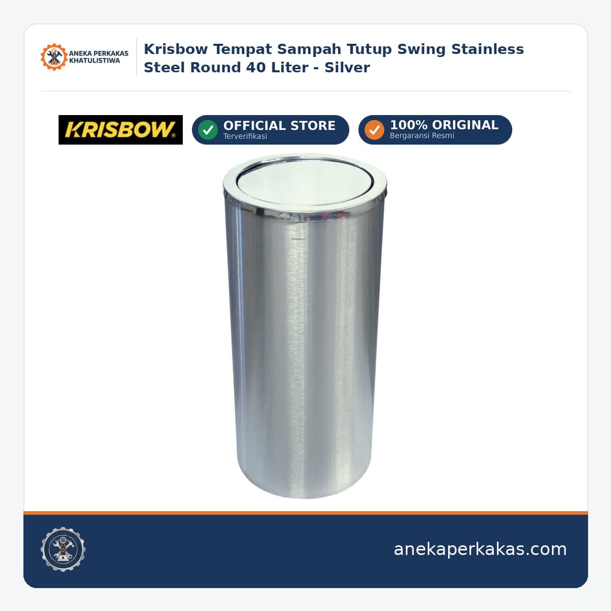 Krisbow Tempat Sampah Tutup Swing Stainless Steel Round 40 Liter - Silver