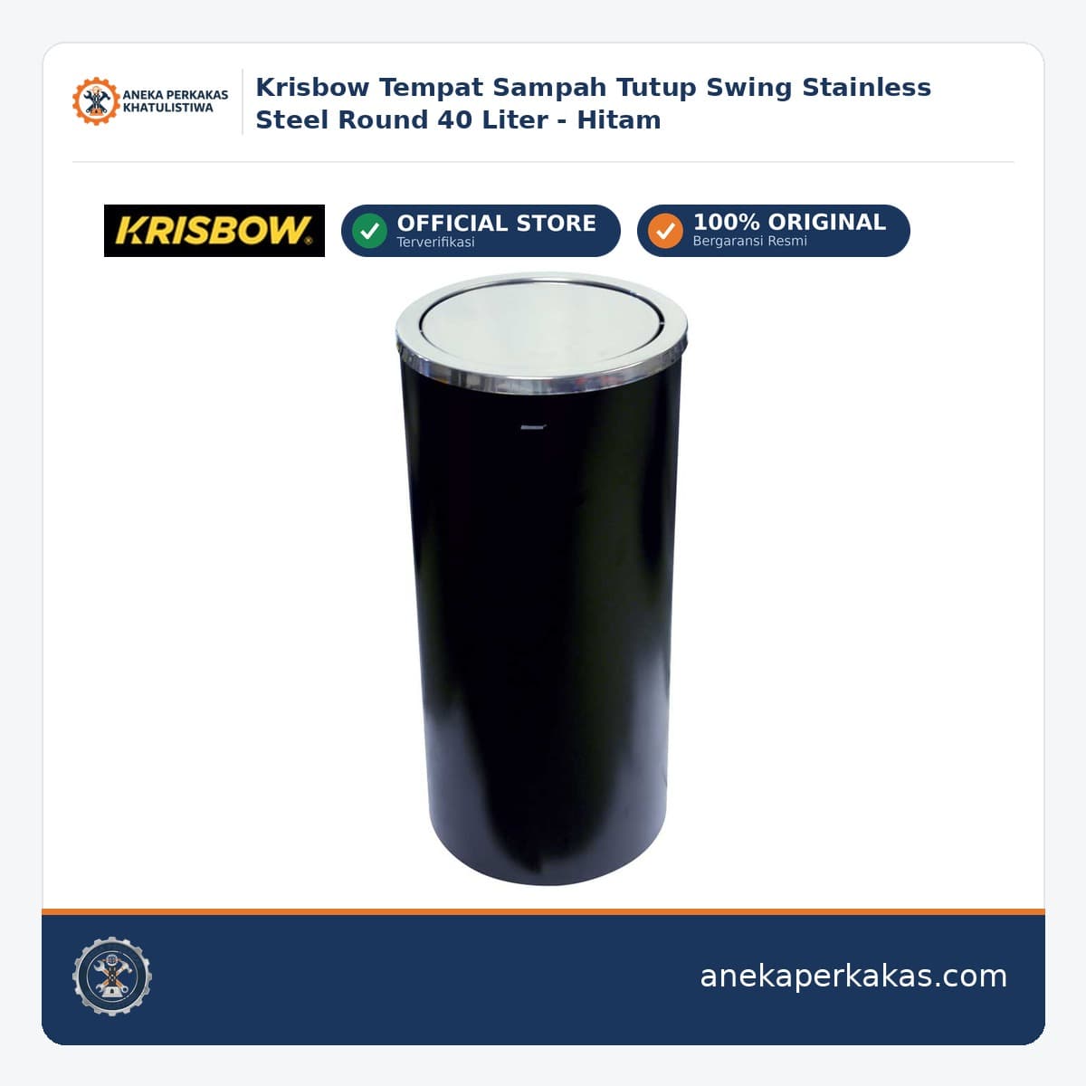 Krisbow Tempat Sampah Tutup Swing Stainless Steel Round 40 Liter - Hitam