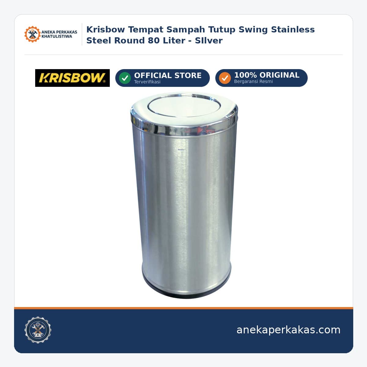 Krisbow Tempat Sampah Tutup Swing Stainless Steel Round 80 Liter - SIlver