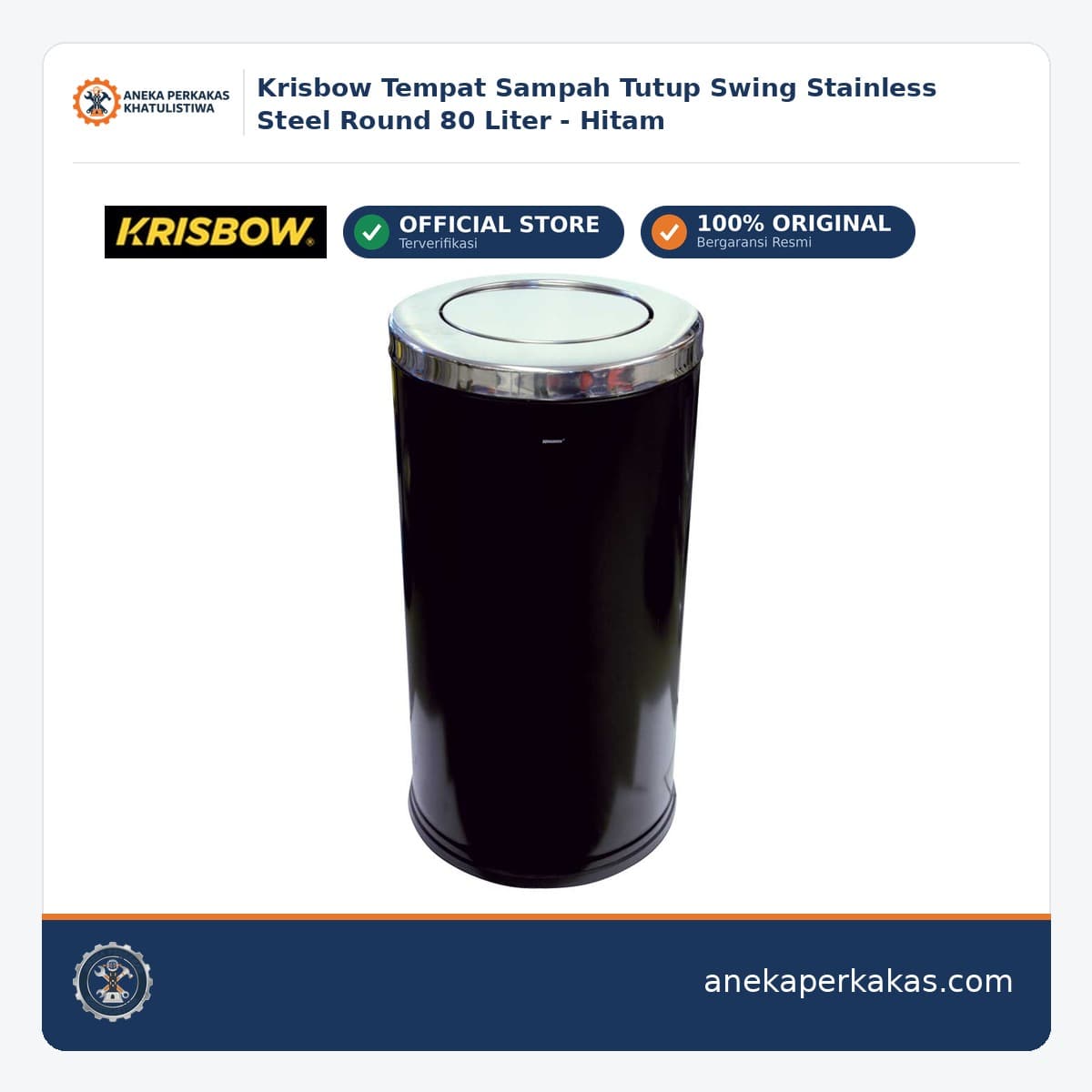 Krisbow Tempat Sampah Tutup Swing Stainless Steel Round 80 Liter - Hitam
