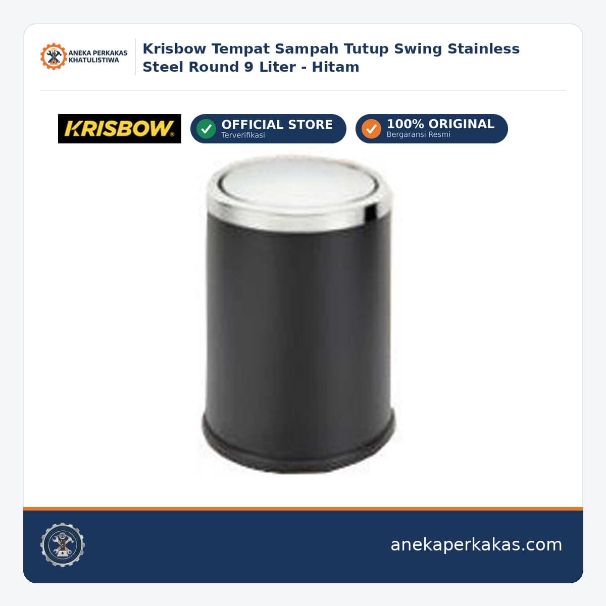 Krisbow Tempat Sampah Tutup Swing Stainless Steel Round 9 Liter - Hitam