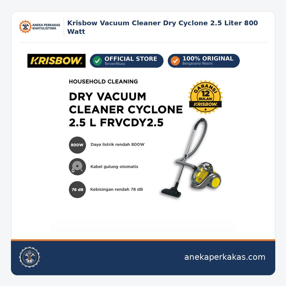 Krisbow Vacuum Cleaner Dry Cyclone 2.5 Liter 800 Watt