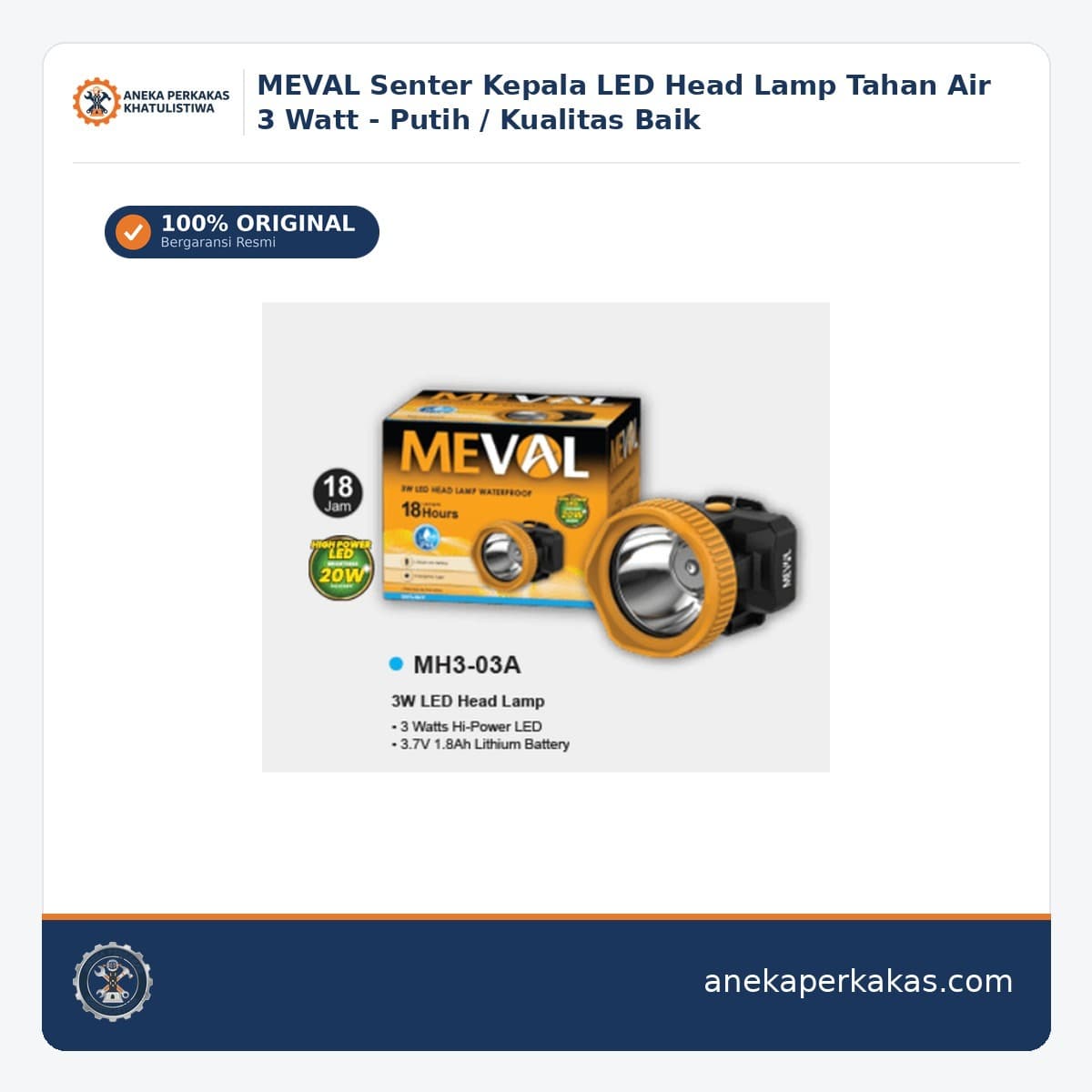 MEVAL Senter Kepala LED Head Lamp Tahan Air 3 Watt - Putih / Kualitas Baik β Lampu Kerja