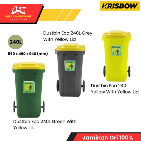 Krisbow 240 Ltr Tempat Sampah Plastik New Eco - Hijau/AbuAbu/Kuning