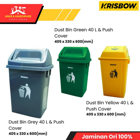 Krisbow 40 Ltr Tempat Sampah Plastik Push Cover - HijauKuningAbuAbu