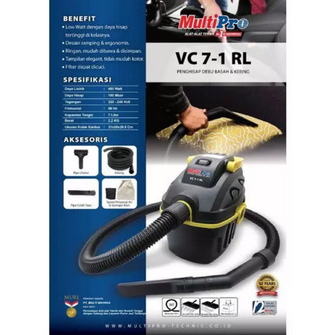 MULTIPRO VC7-1RL Vacuum Cleaner 7 liter (Wet, Dry, Blow) Sofa, Mobil, Laundry