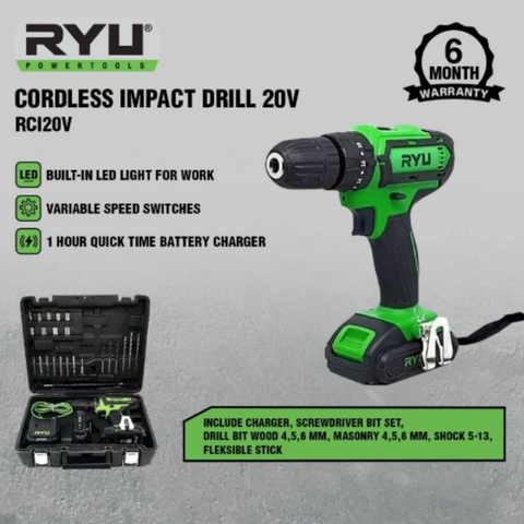 RYU Cordless Impact Drill 20V Rci20V - Mesin Bor Baterai